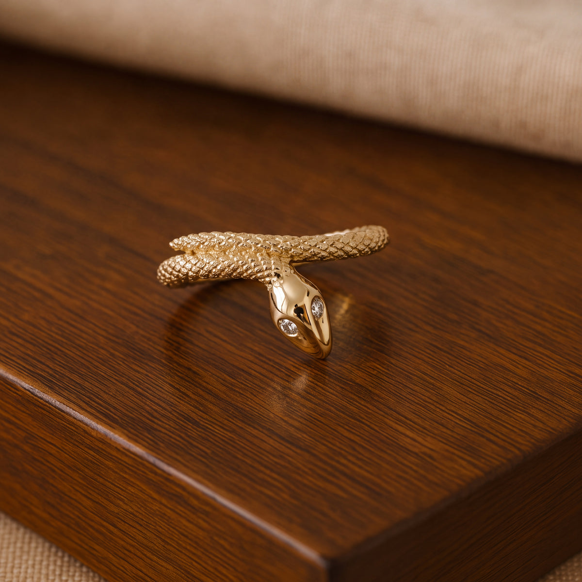 Diamond-Eyed Coiled Snake Ring in 18K Yellow Gold