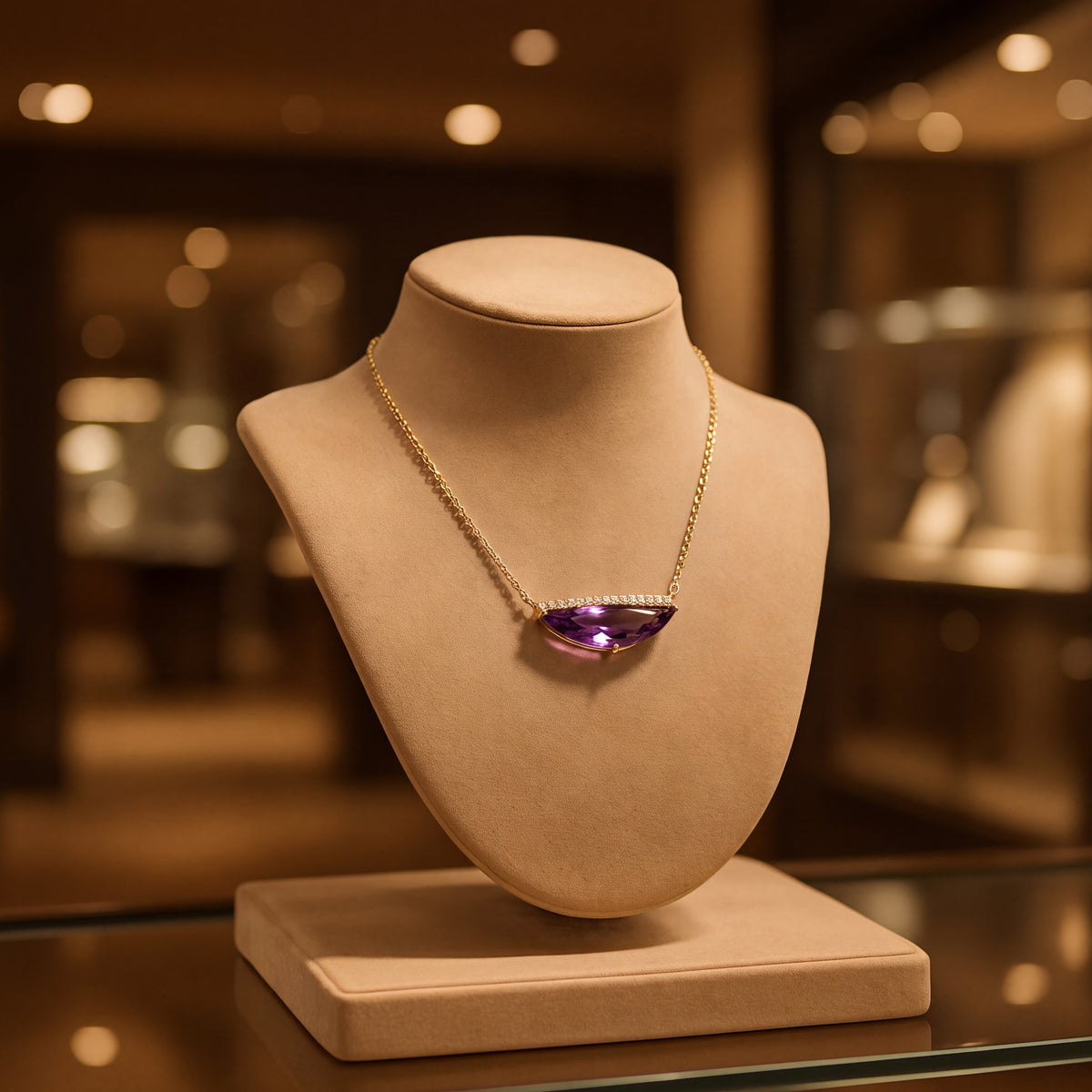 2.64 ct Half-Moon Amethyst and Diamond Bar Necklace in 14K Yellow Gold