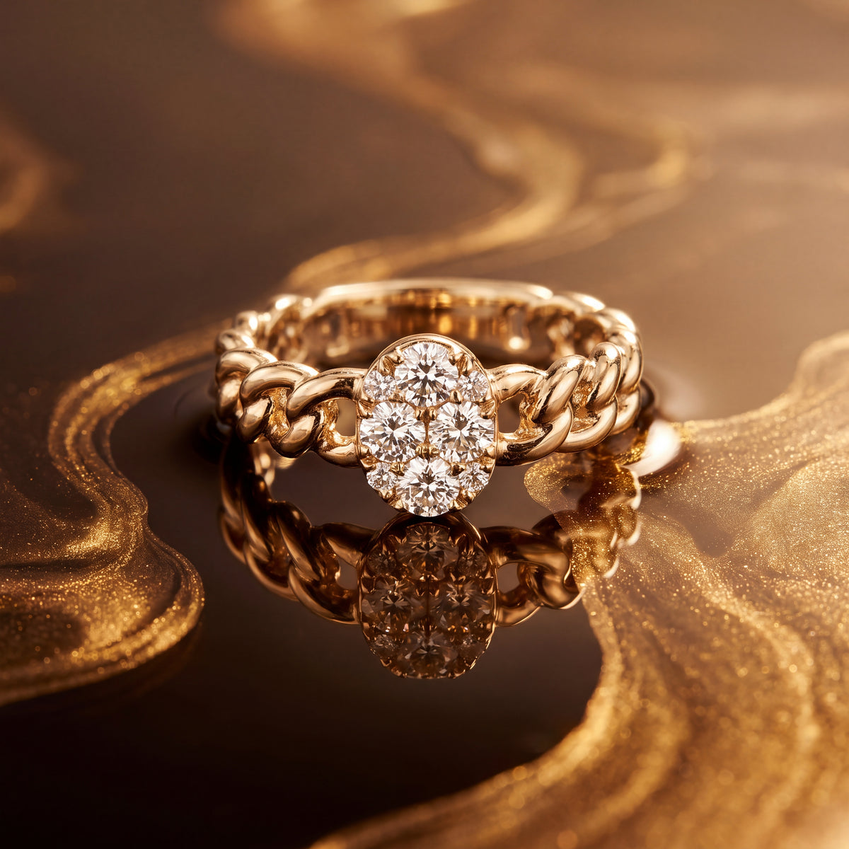 Oval diamond cluster on a yellow gold chain link band