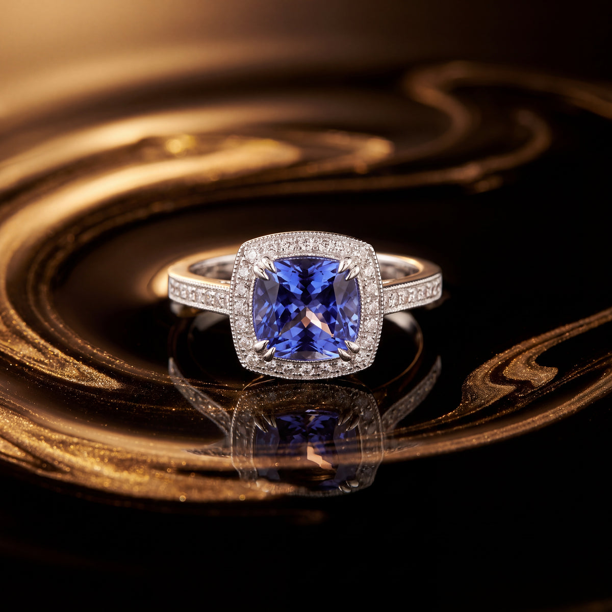 Cushion-cut tanzanite in a diamond halo on a white gold milgrain band