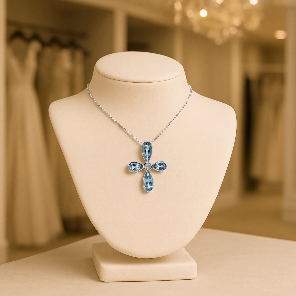 5.94 ct Aquamarine and Diamond Cross Pendant Necklace in 14K White Gold