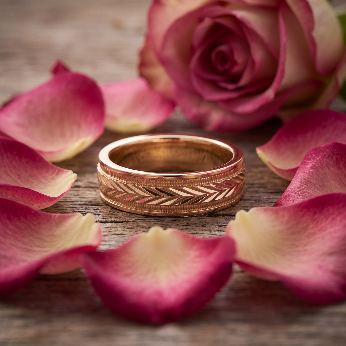 Yellow gold wedding band engraved with chevrons