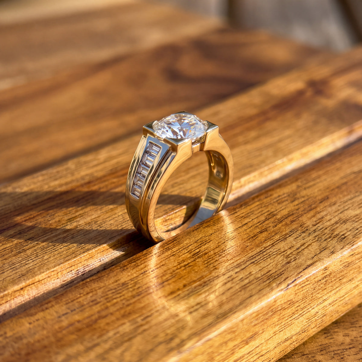 3.25 ct Round Diamond Ring with Baguette Side Stones in 14K Yellow and White Gold