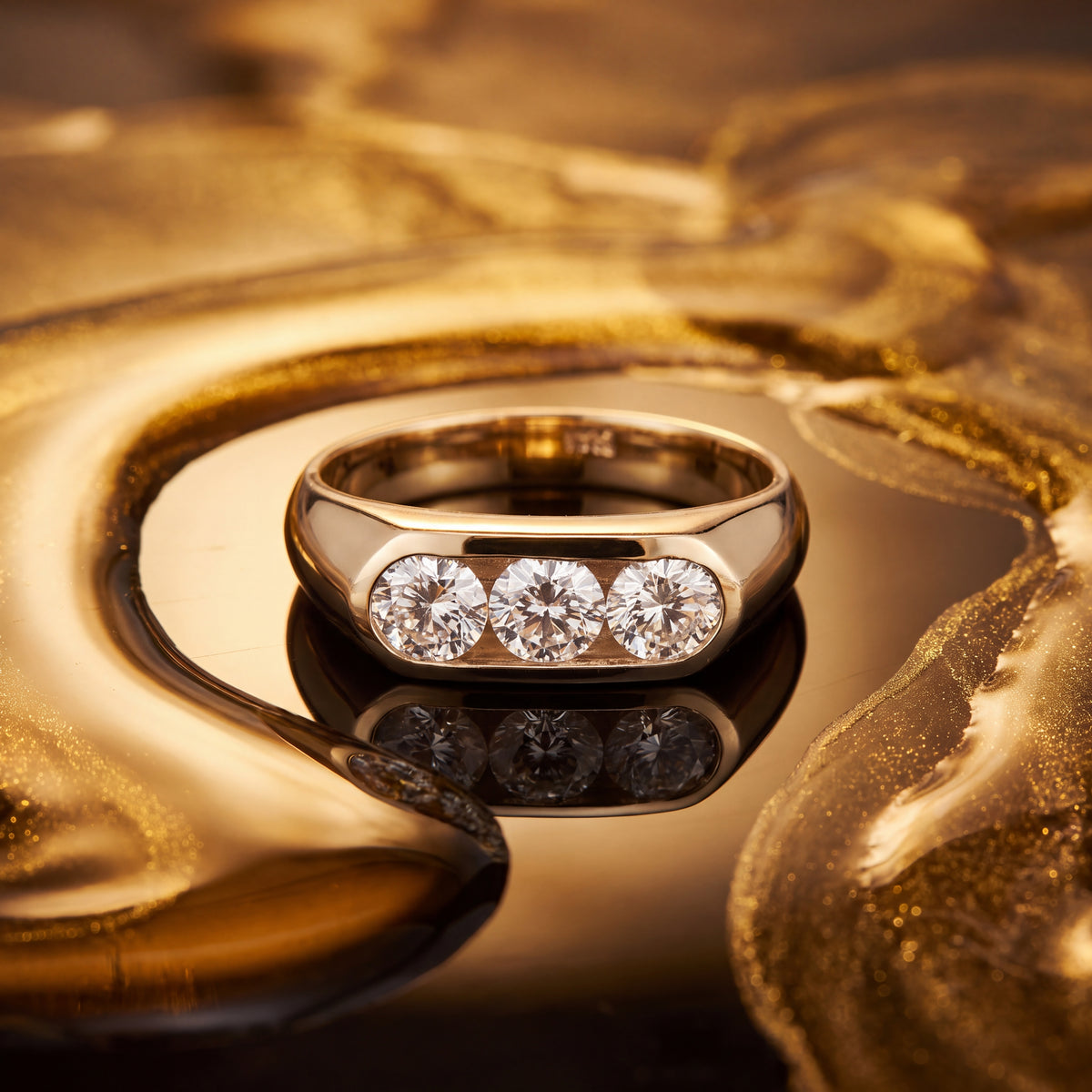 1.00 ct Three-Stone Round Diamond Flush Set Ring in 14K Yellow Gold