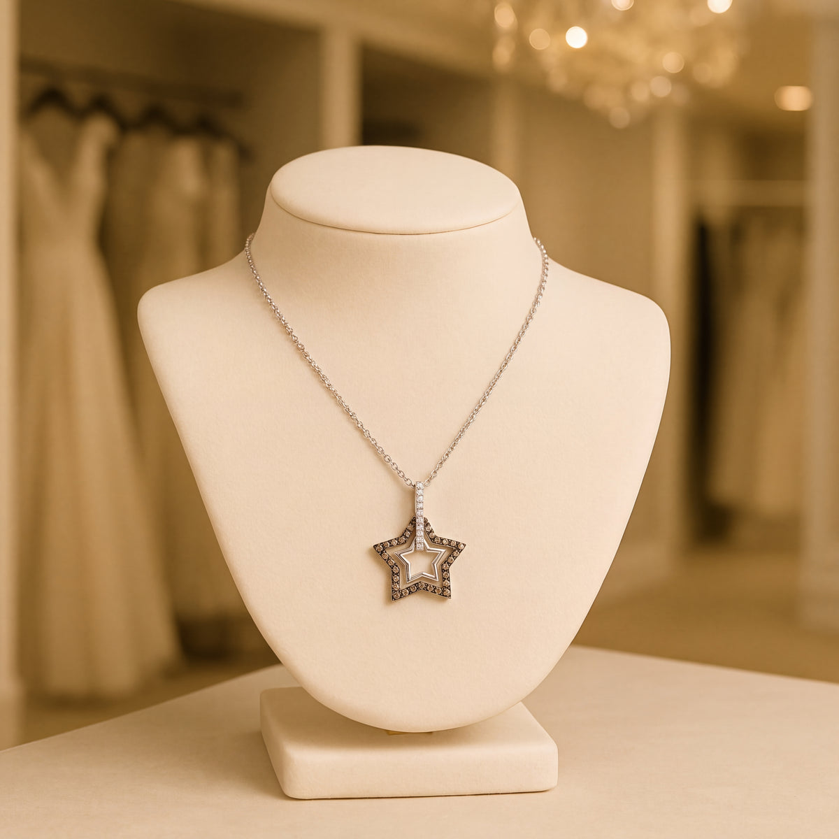 An open star pendant outlined in dark stones, on a fine chain over a cream bust.