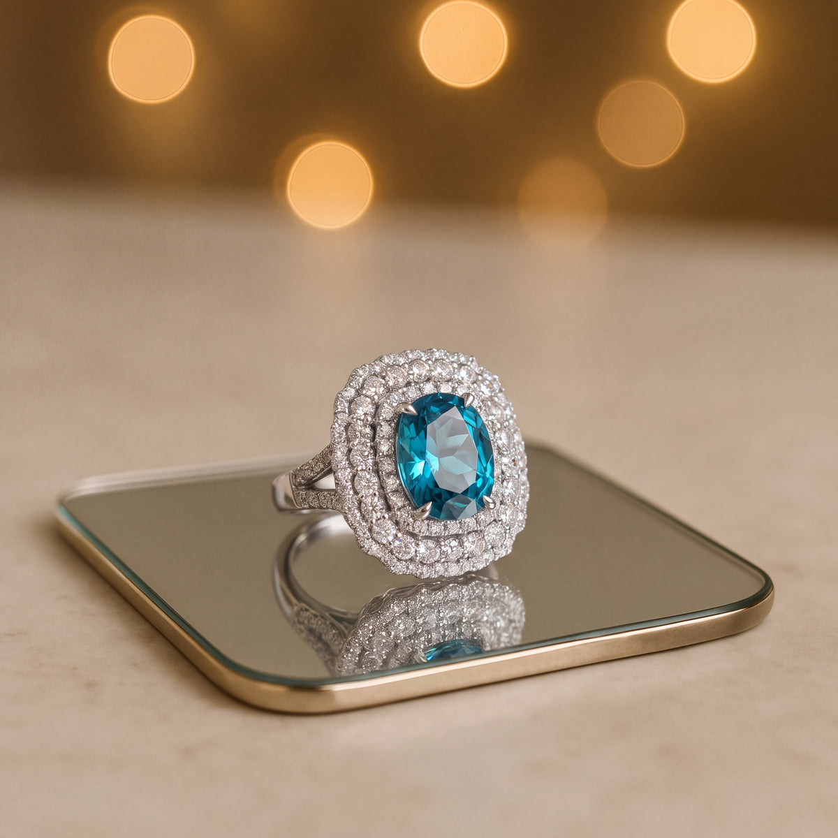 Blue zircon cocktail ring with a double diamond halo and diamond-set band in white gold