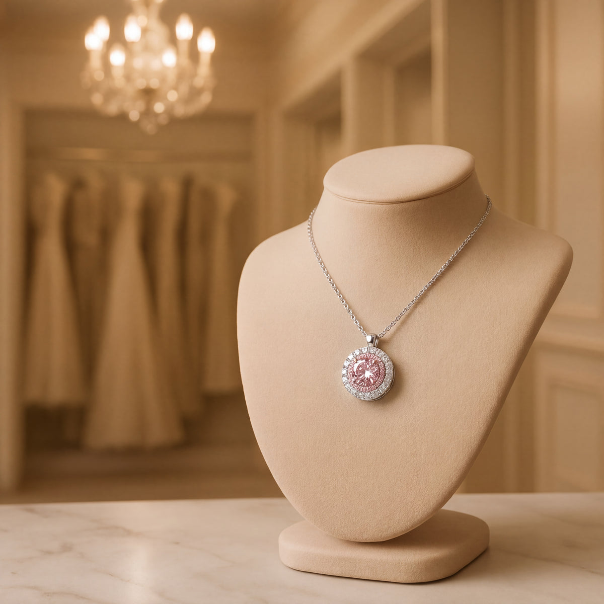 0.70 ct Fancy Pink Diamond Double Halo Pendant in White Gold