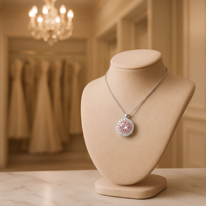 0.70 ct Fancy Pink Diamond Double Halo Pendant in White Gold