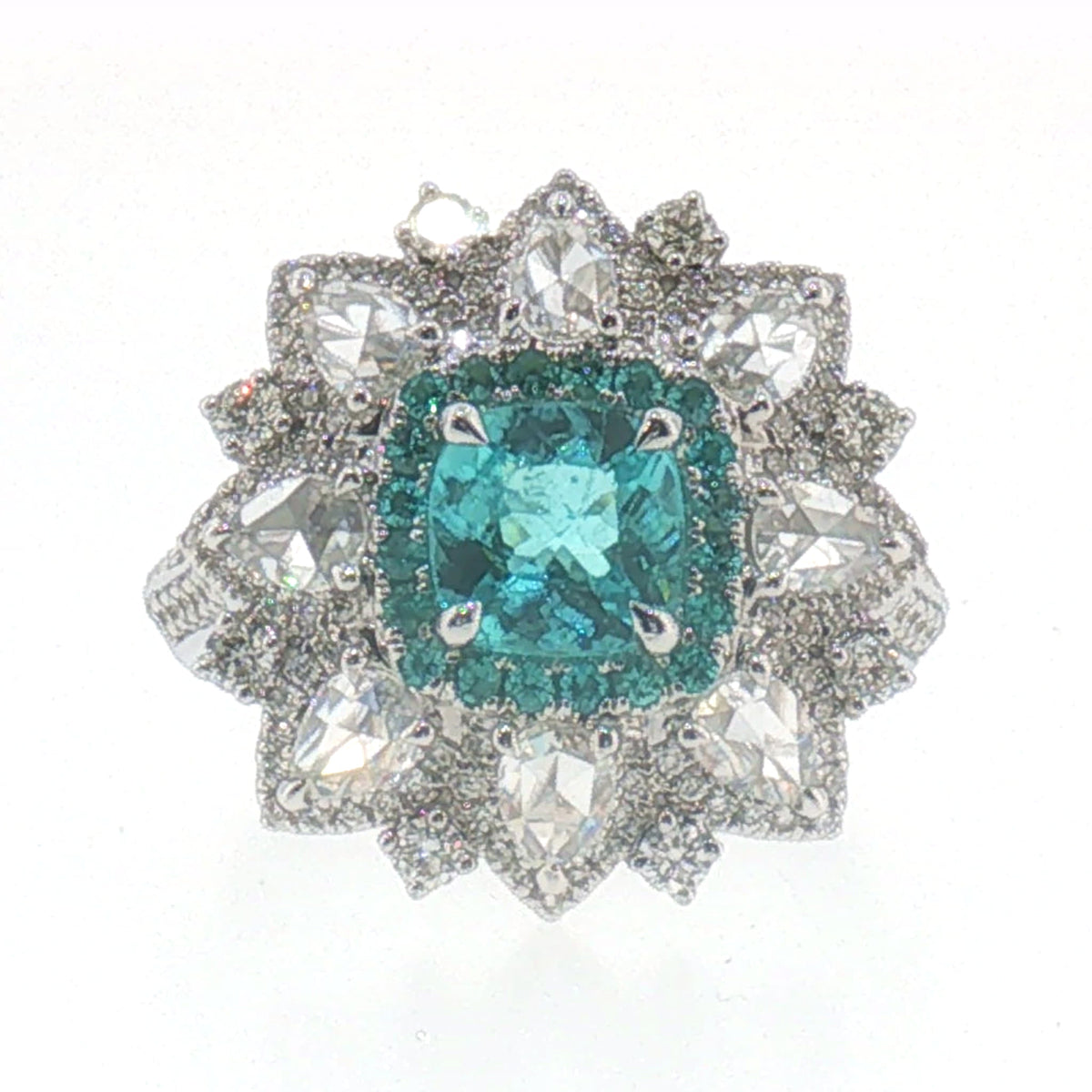 White Gold Greenish-Blue Tourmaline Starburst Cocktail Ring
