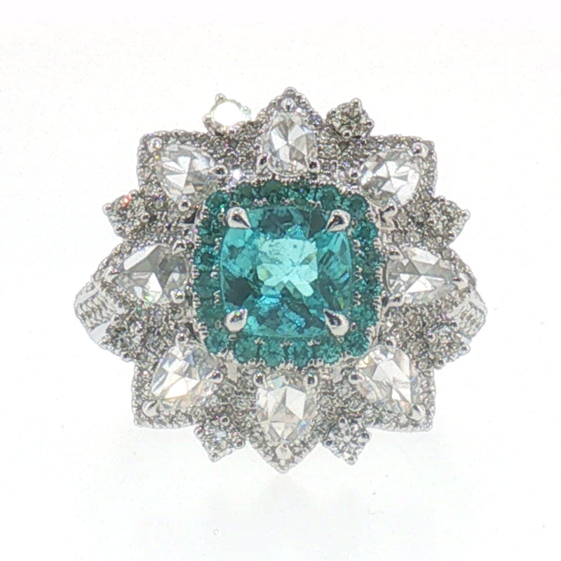 White Gold Greenish-Blue Tourmaline Starburst Cocktail Ring