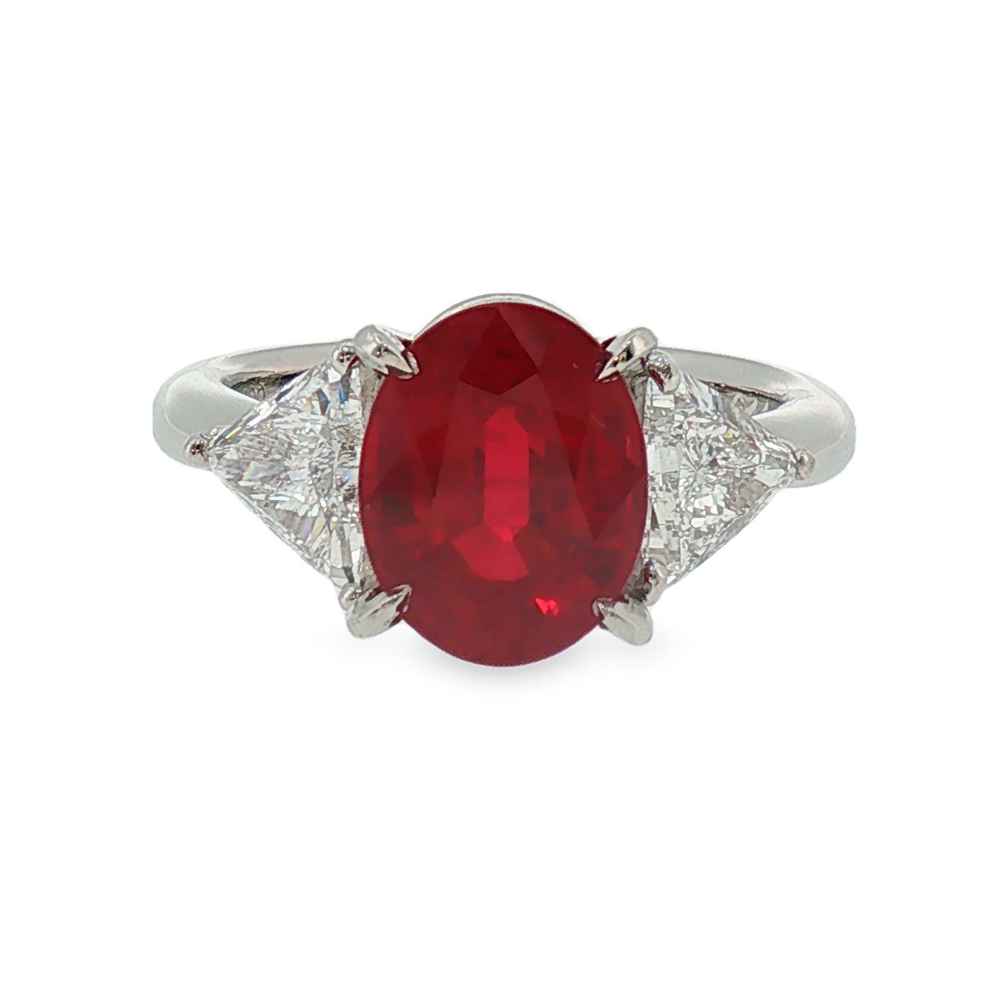 Oval Pigeon Blood Ruby Three-Stone Ring in White Gold