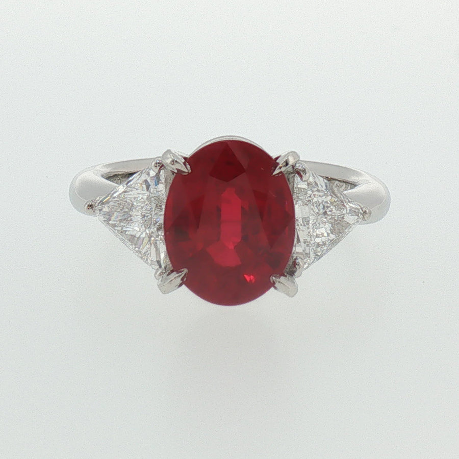Oval Pigeon Blood Ruby Three-Stone Ring in White Gold