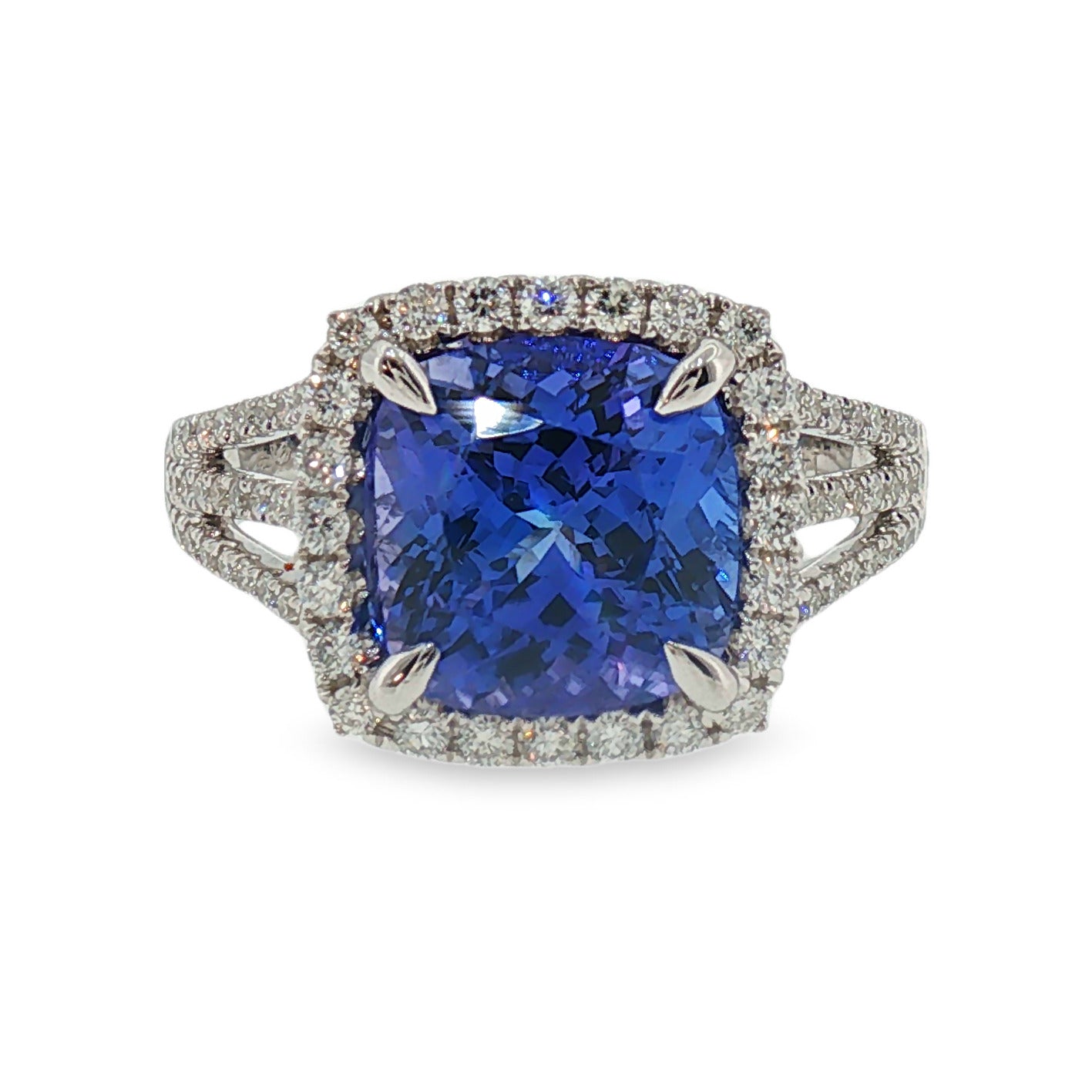 Cushion Cut Tanzanite and Diamond Halo White Gold Ring