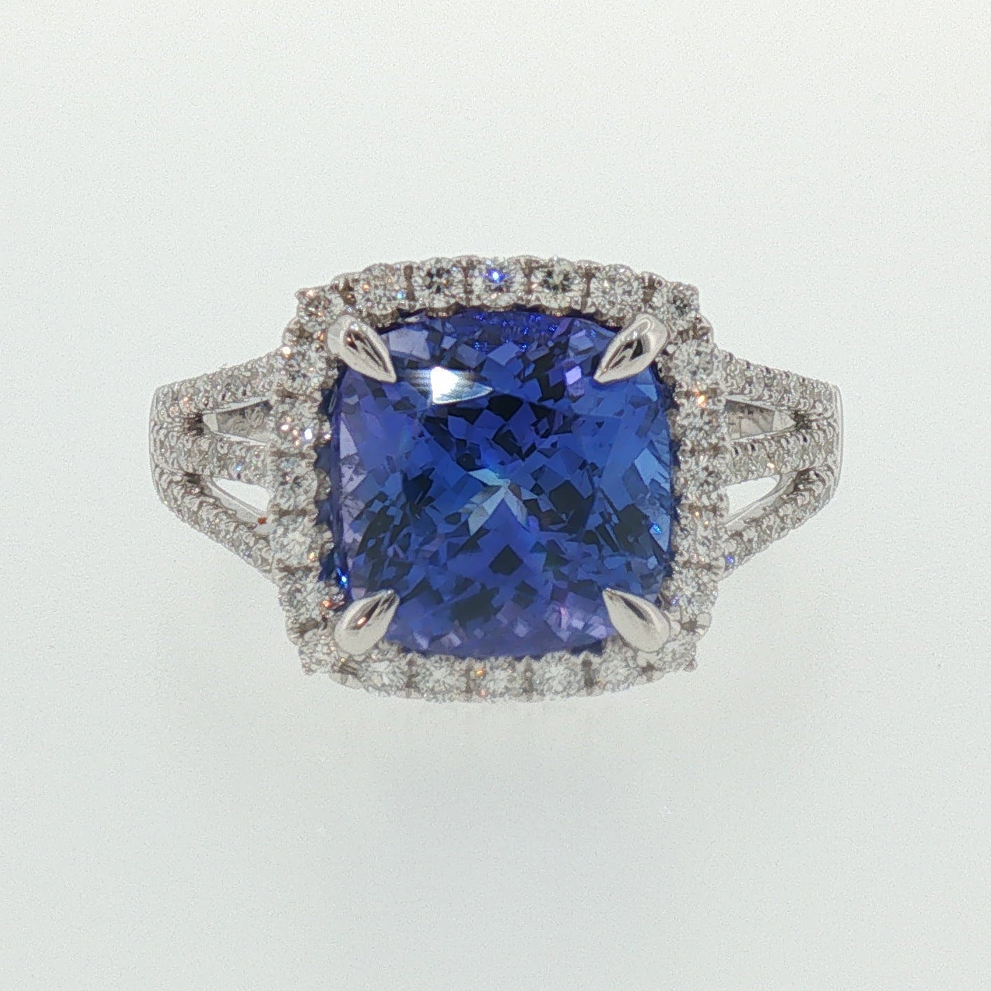 Cushion Cut Tanzanite and Diamond Halo White Gold Ring