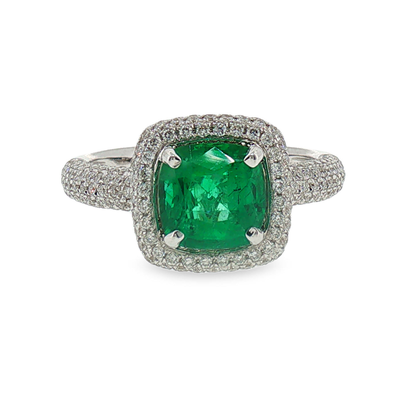White Gold Cushion Emerald and Diamond Pave Cocktail Ring