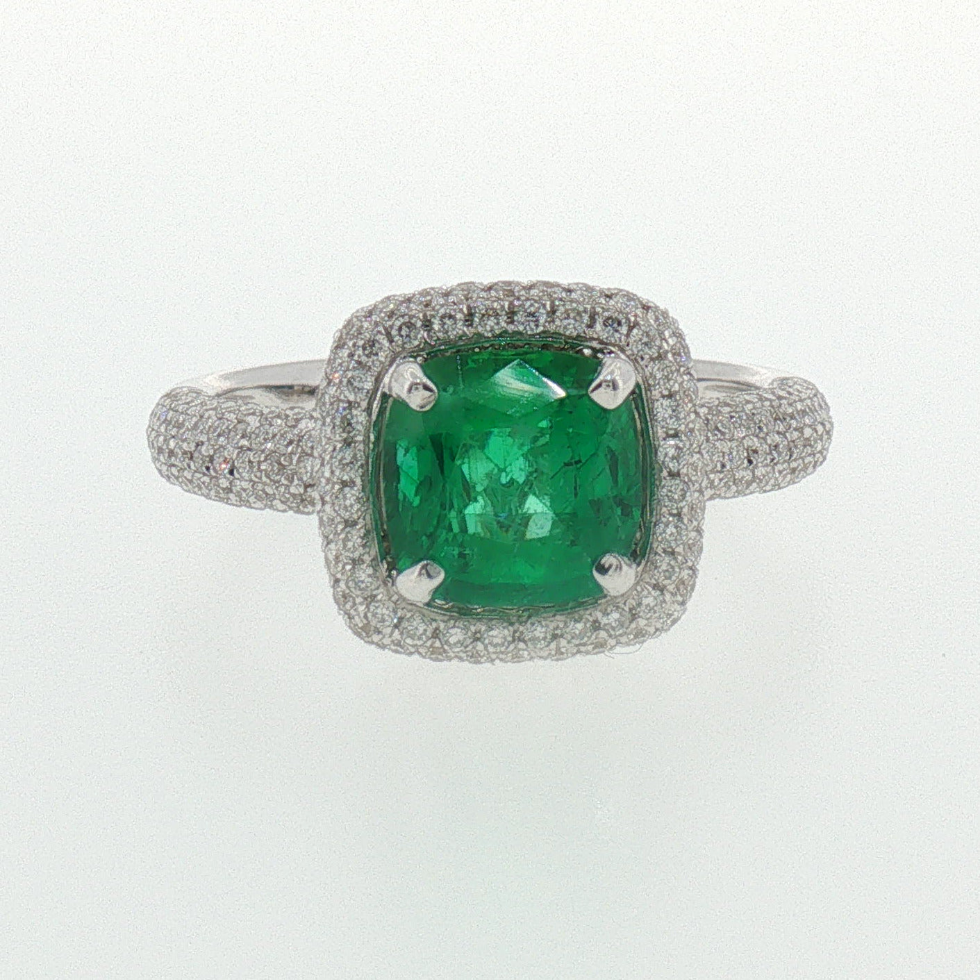 White Gold Cushion Emerald and Diamond Pave Cocktail Ring