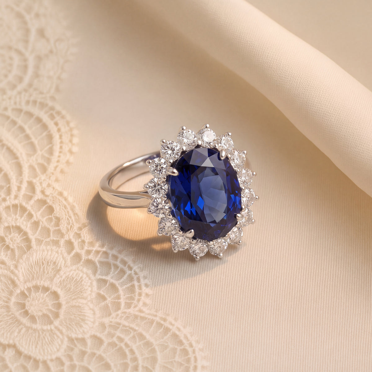 15.90 ct Oval Tanzanite and Diamond Halo Cocktail Ring in 14K White Gold