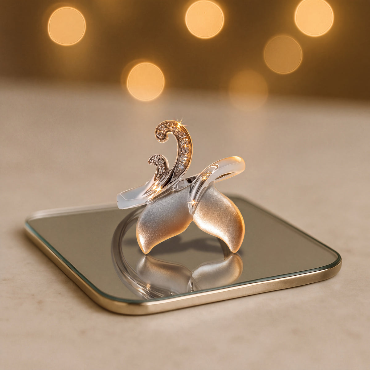 A whale tail cocktail ring with a diamond-set wave, on a mirrored tray under warm lights.