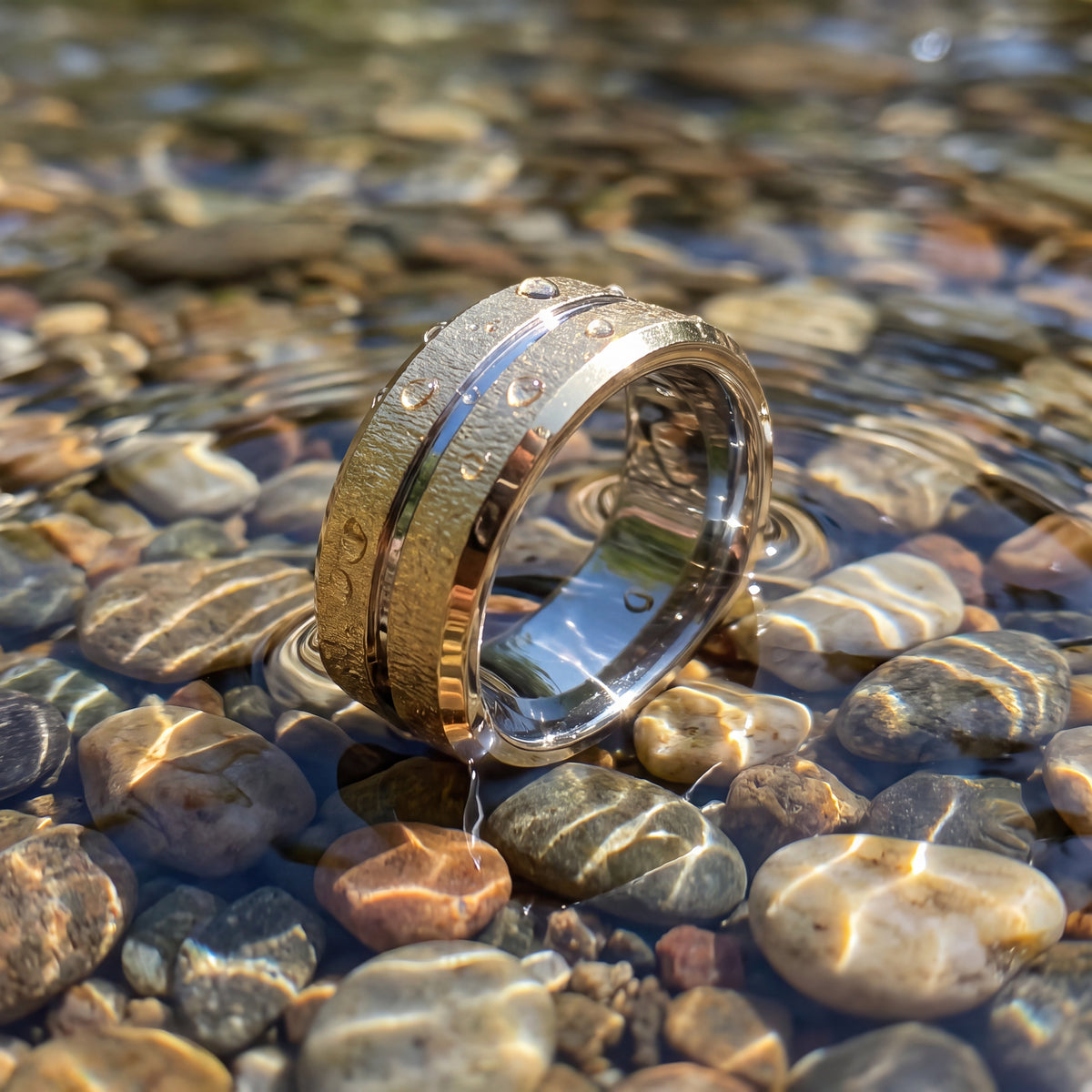 Textured two-tone gold band with a polished center groove