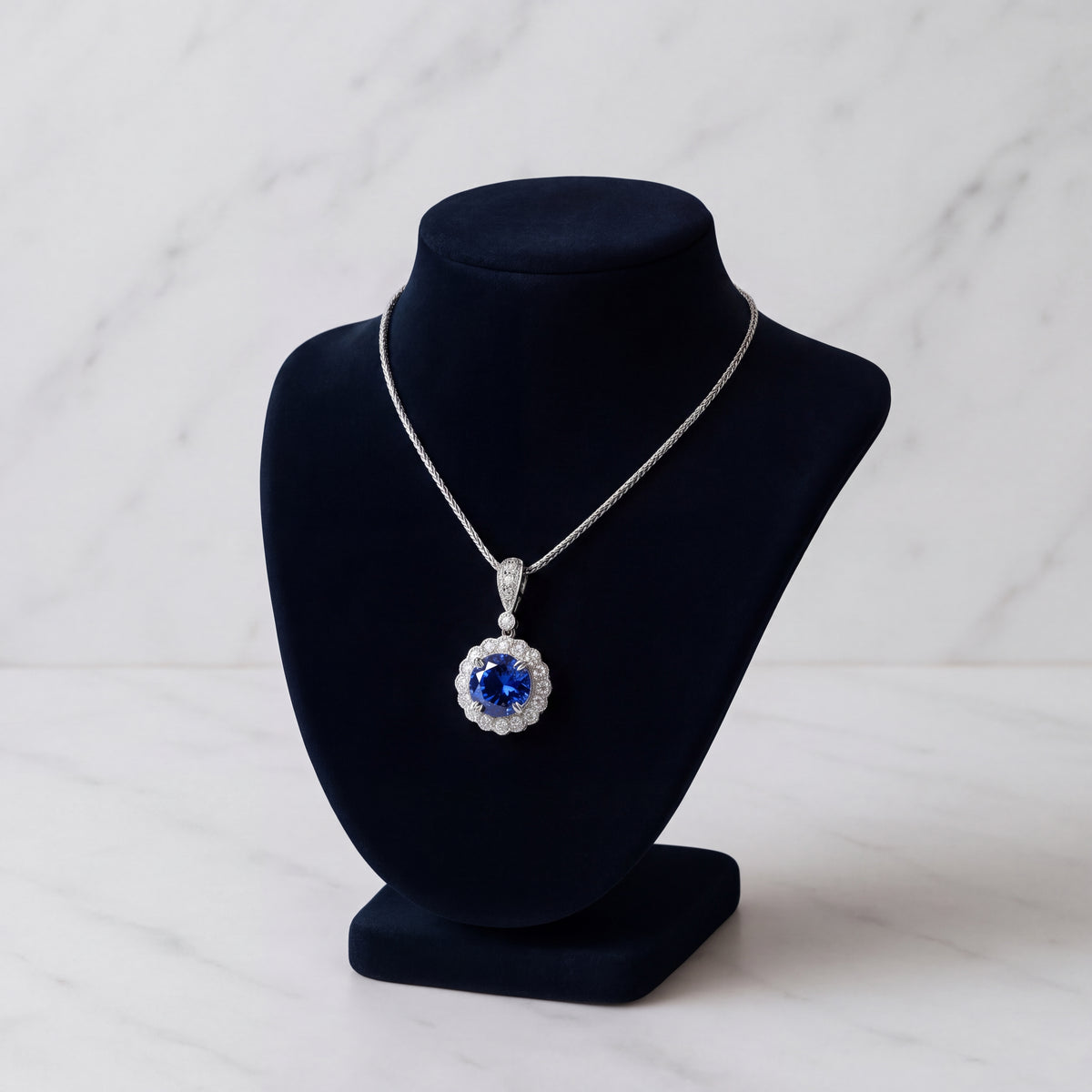 Round tanzanite pendant in a scalloped diamond halo
