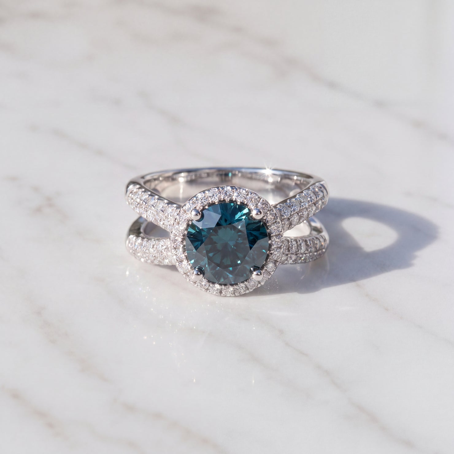Deep Blue Diamond Halo Split-Shank Cocktail Ring