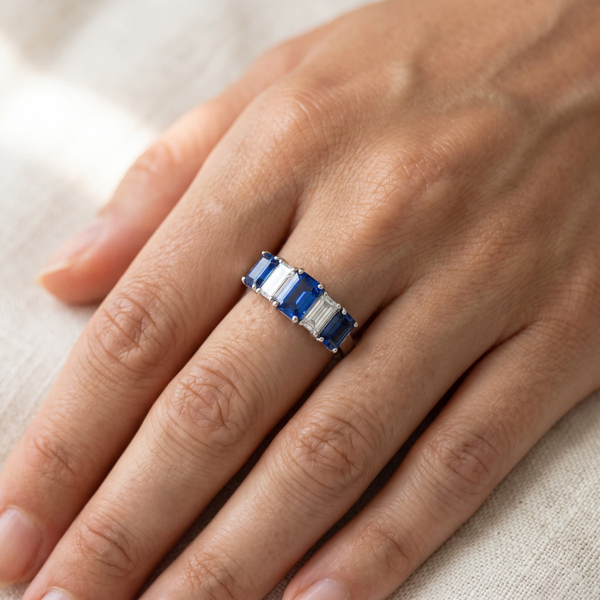 Alternating Royal Blue Sapphire Multistone Ring in White Gold, worn