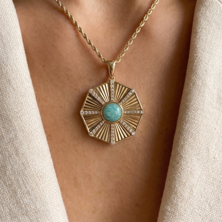 Amazonite and Diamond Sunburst Octagon Pendant Necklace in 18K Yellow Gold, worn