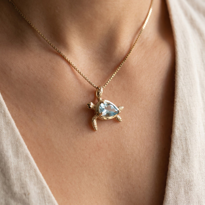 1.51 ct Aquamarine Sea Turtle Pendant Necklace in 14K Yellow Gold, worn