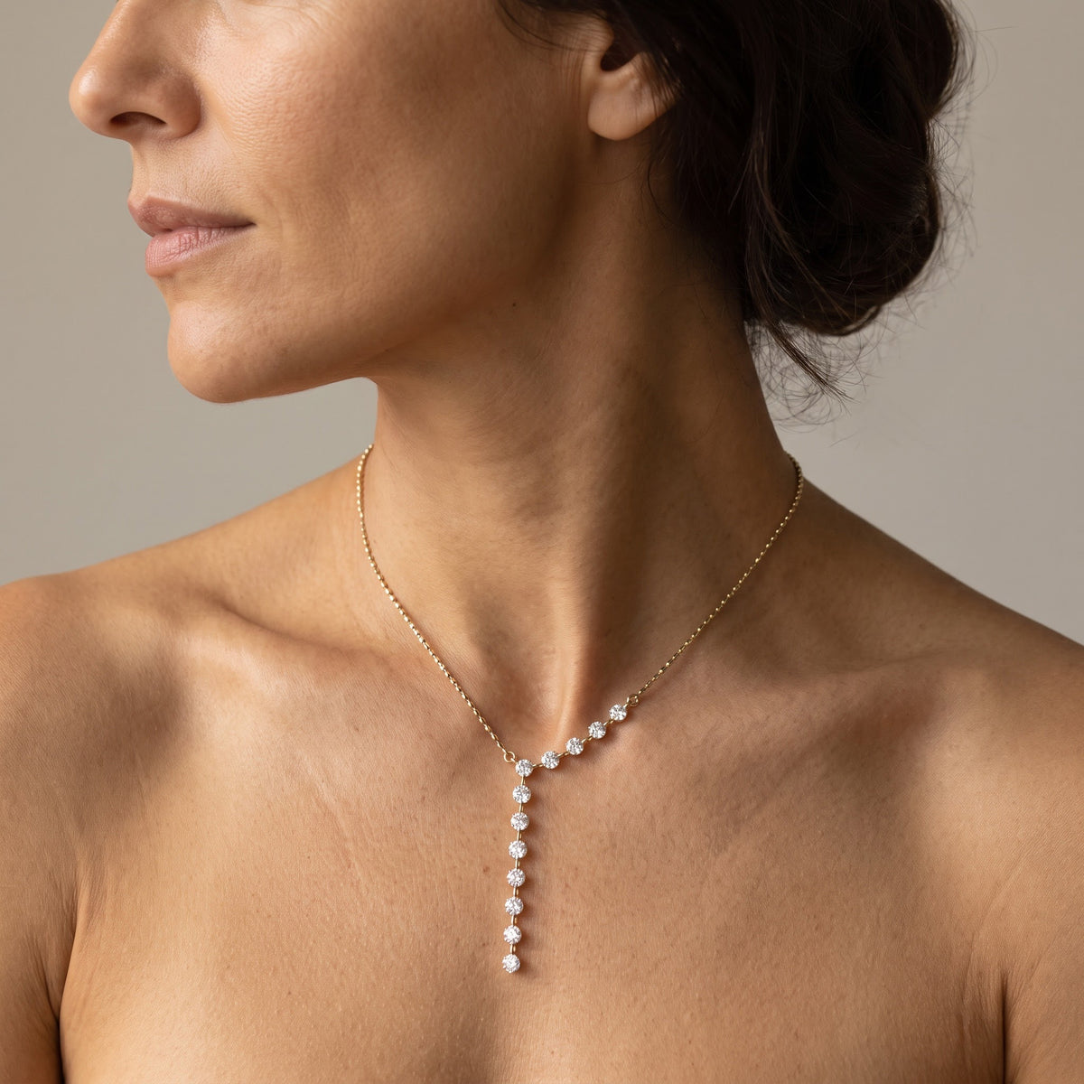 Asymmetrical Diamond Y-Necklace in Yellow Gold, worn, second view