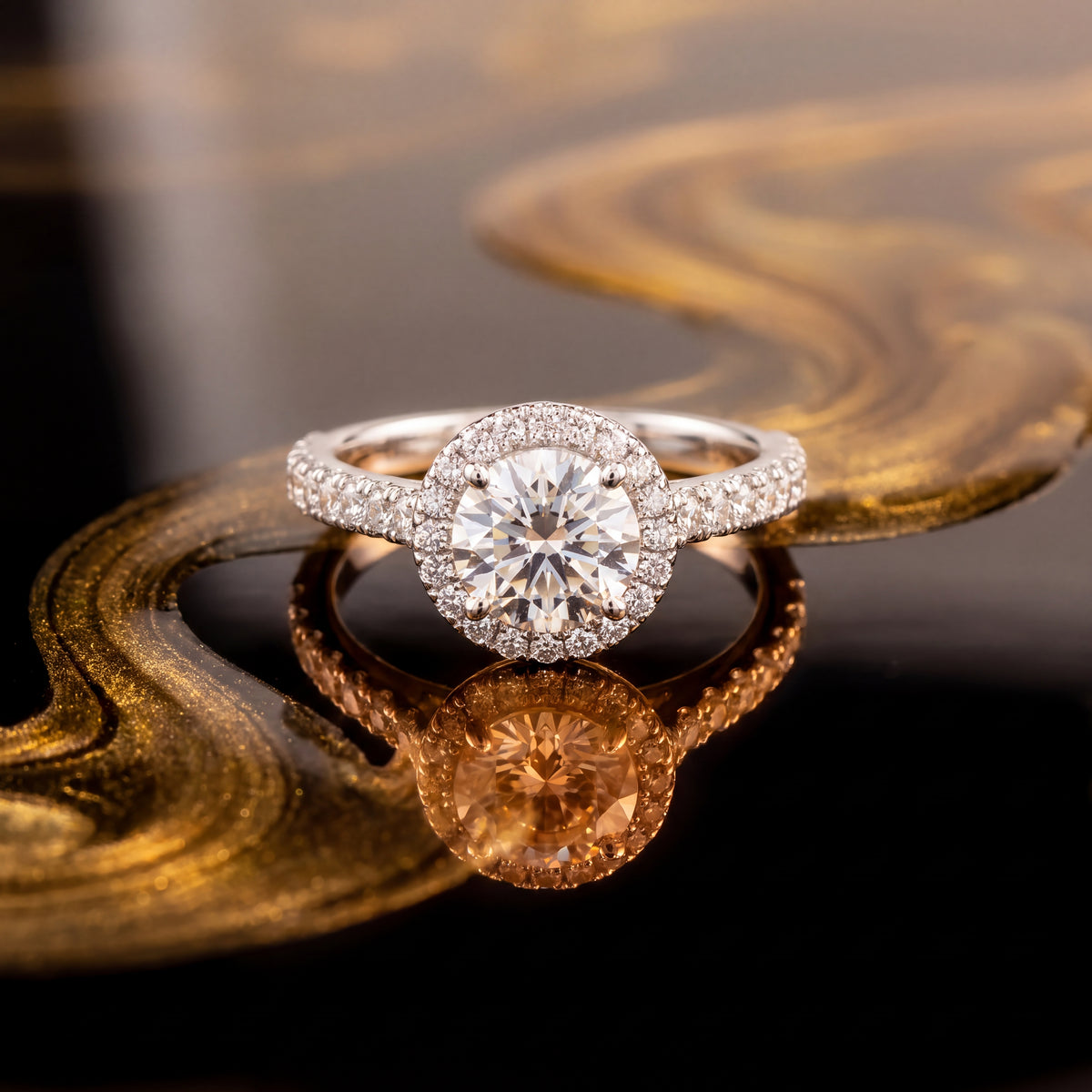 Round diamond engagement ring in a classic halo with a pavé band