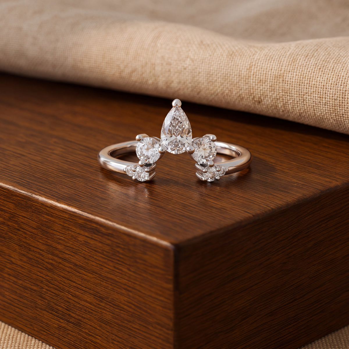 0.62 ct Pear and Round Diamond Curved Guard Ring in 14K White Gold