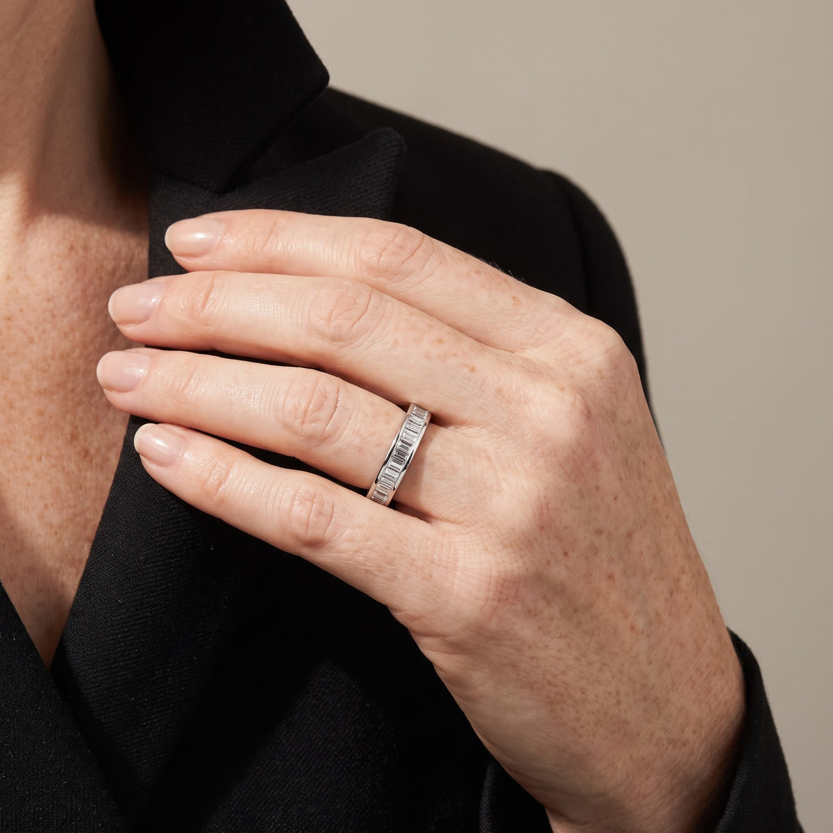 Baguette Diamond Eternity Ring in White Gold, worn