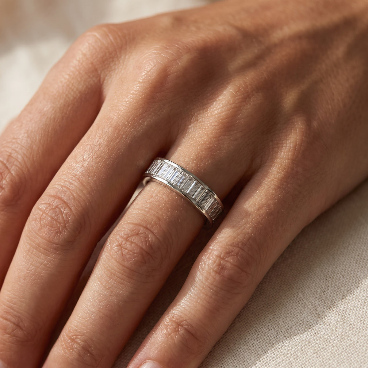 Baguette Diamond Eternity Ring in White Gold, worn