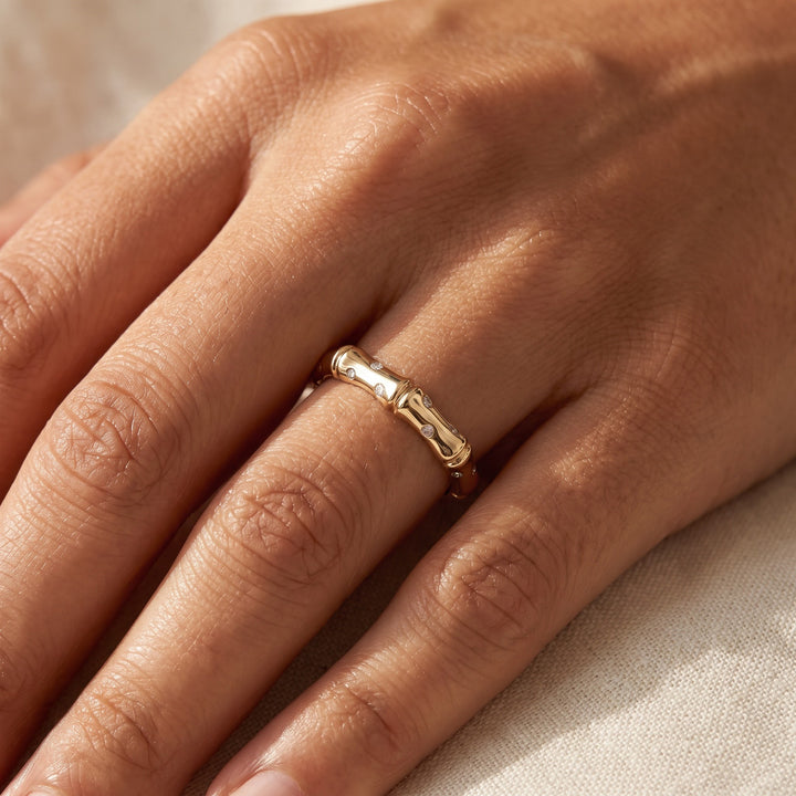 0.14 ct Bamboo Style Diamond Band Ring in 14K Yellow Gold, worn