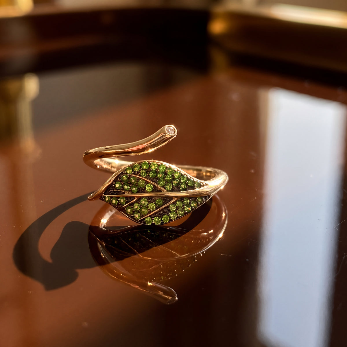 0.24 ct Tsavorite and Diamond Pavé Leaf Cocktail Ring in 14K Yellow Gold