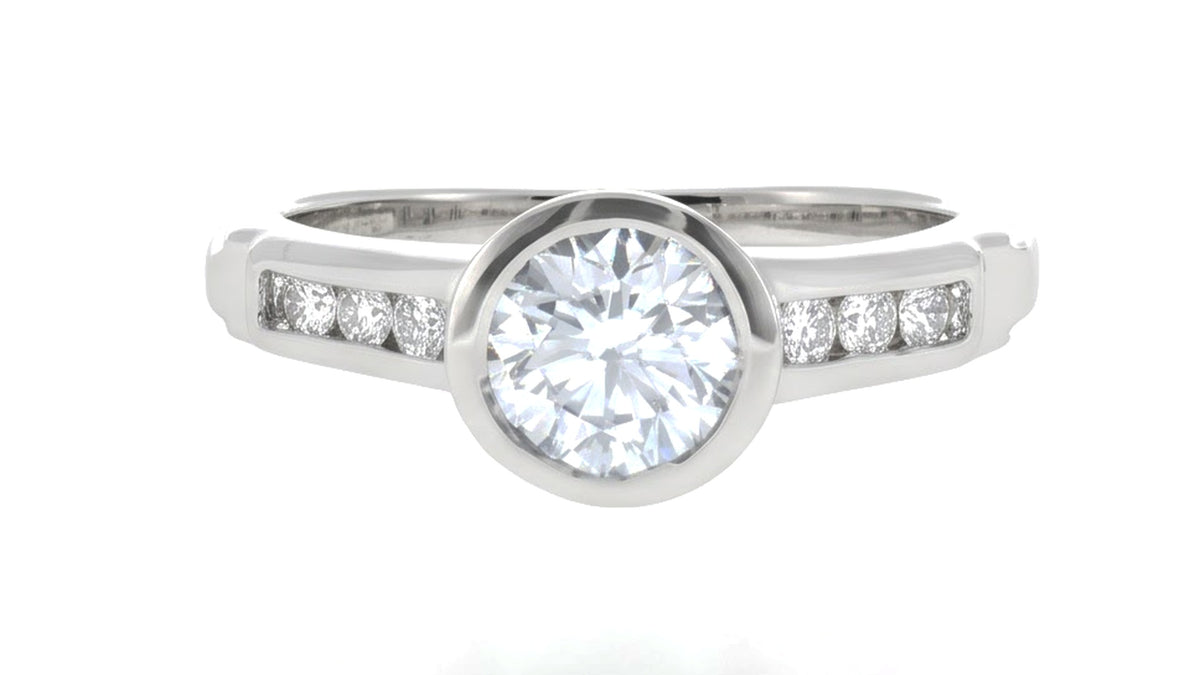 Bezel-Set Diamond Ring with Channel Accents in Platinum, studio