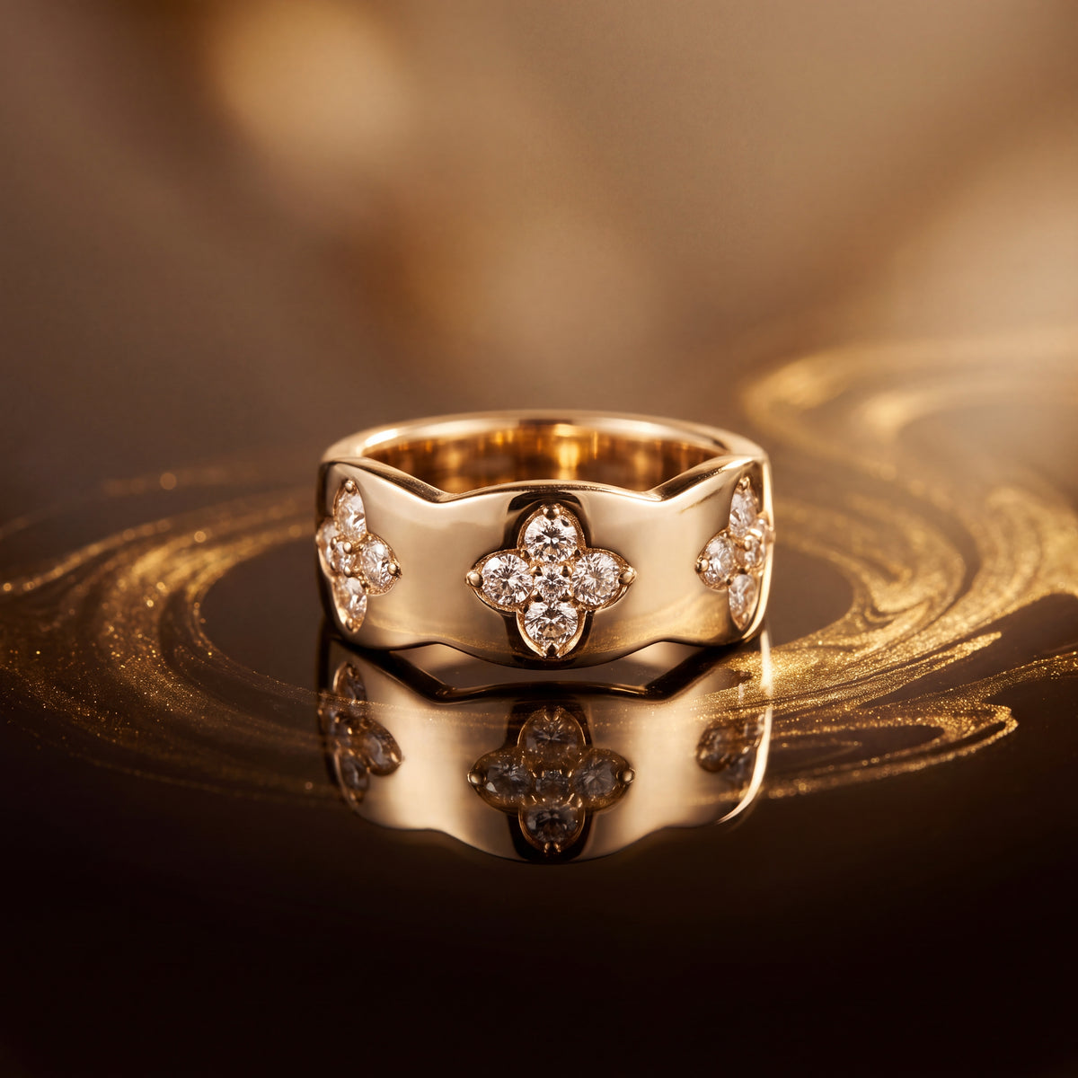 Wide scalloped yellow gold band with three floral diamond clusters
