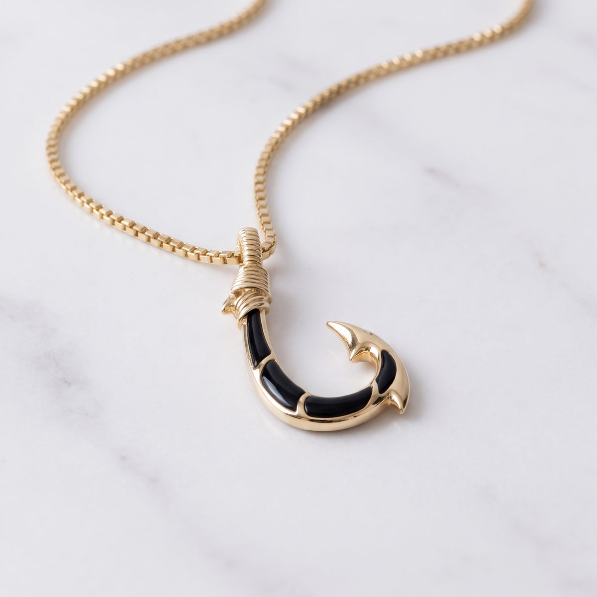 Black Onyx Inlay Fish Hook Pendant Necklace in 14K Yellow Gold