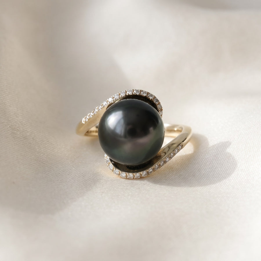 Black Pearl and Diamond Bypass Cocktail Ring in Yellow Gold