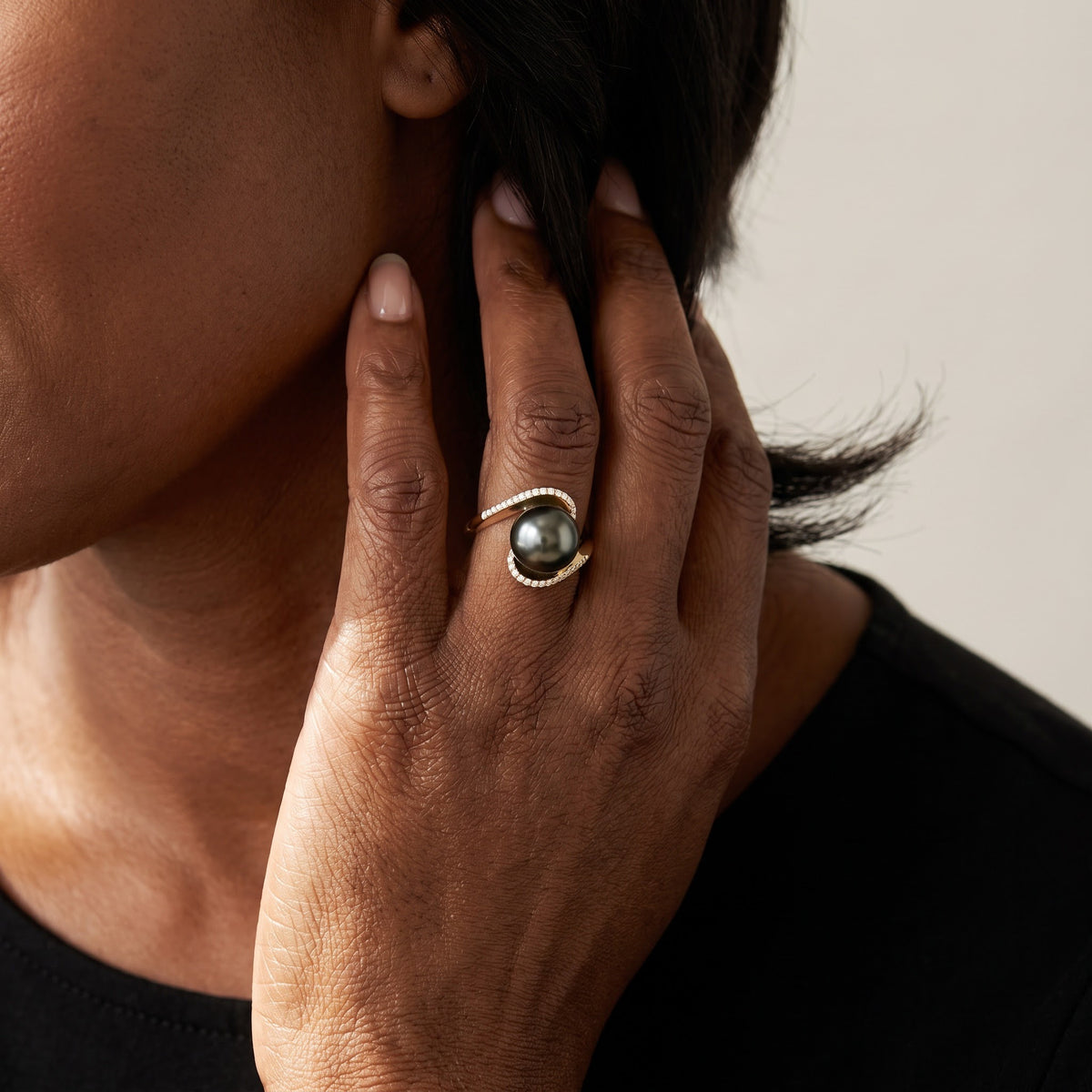 Black Pearl Bypass Cocktail Ring in Yellow Gold, worn, second view