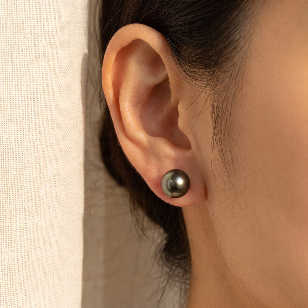 Black Tahitian Pearl Stud Earrings in Yellow Gold, worn