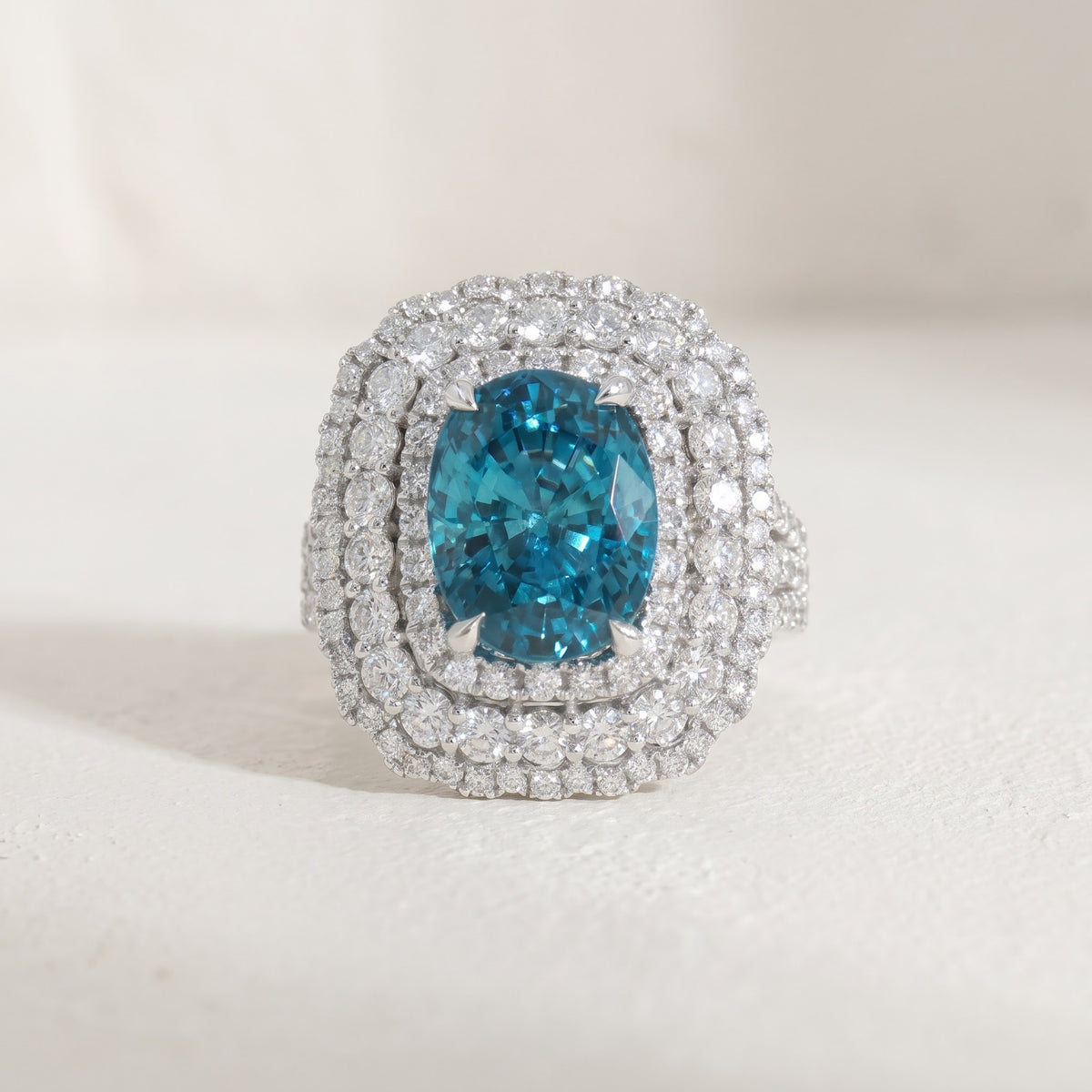 7.53 ct Blue Zircon and Diamond Double Halo Cocktail Ring in 14K White Gold