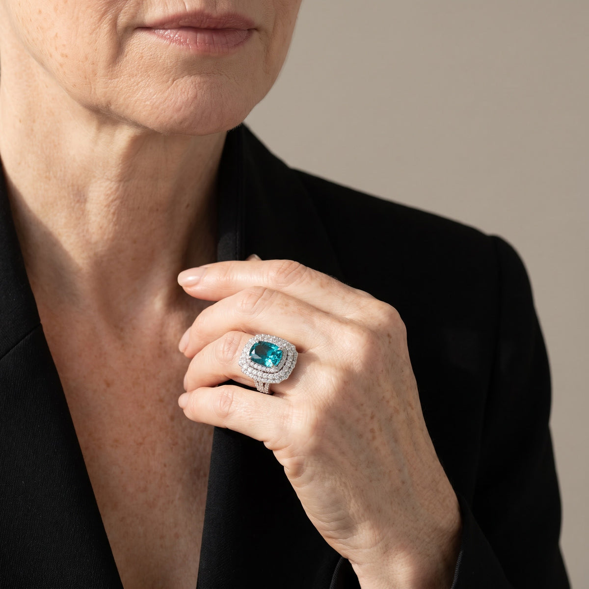 Blue Zircon Double Halo Cocktail Ring in White Gold, worn, second view