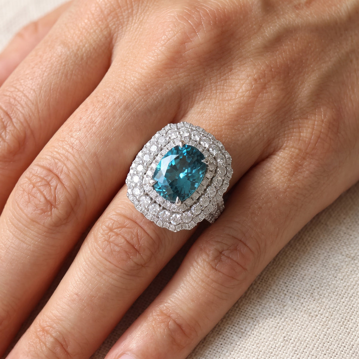 Blue Zircon Double Halo Cocktail Ring in White Gold, worn