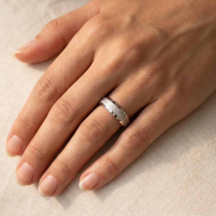 Brushed Center Beveled Edge Band Ring in 14K White Gold, worn