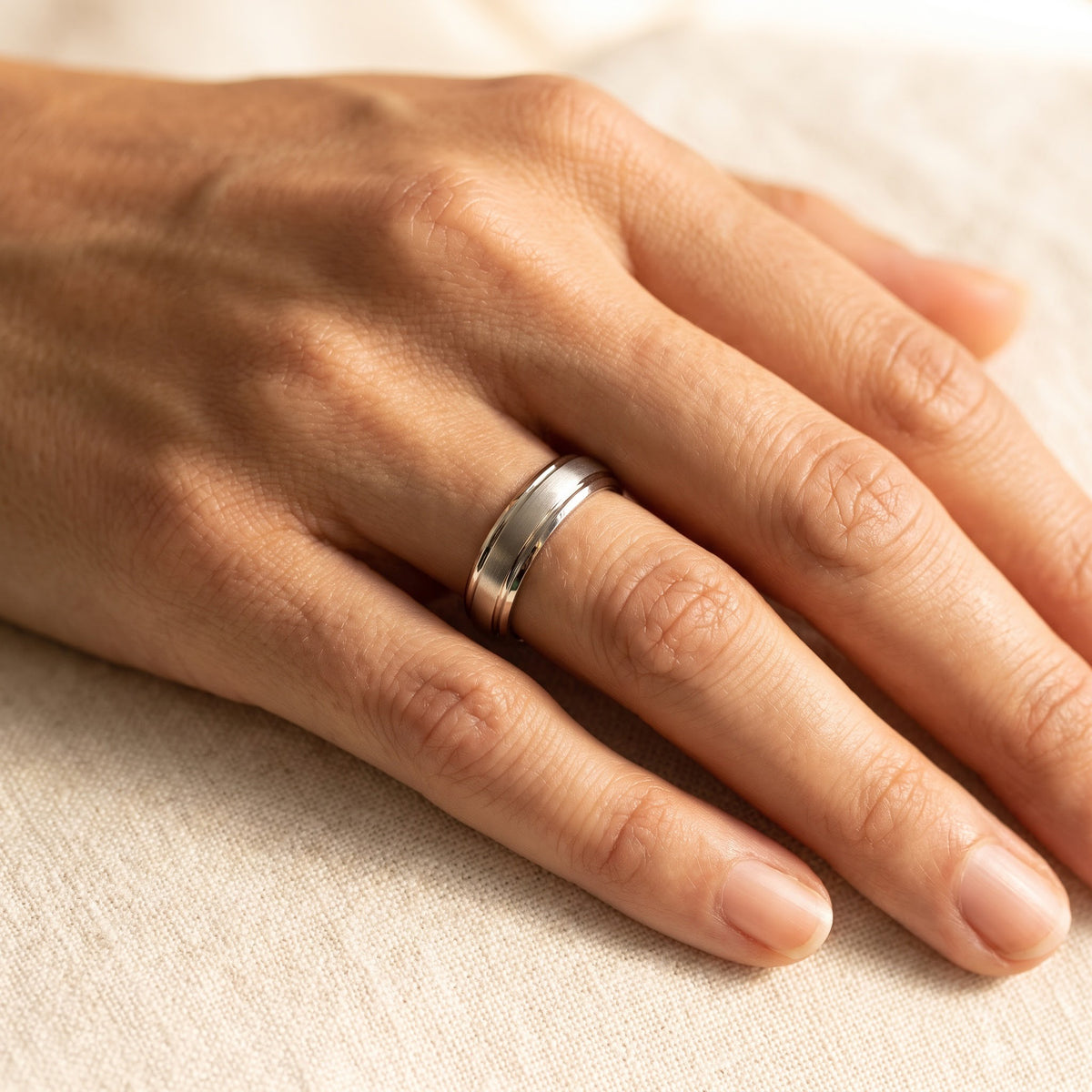 Brushed Center Wedding Ring in 14K White Gold, worn