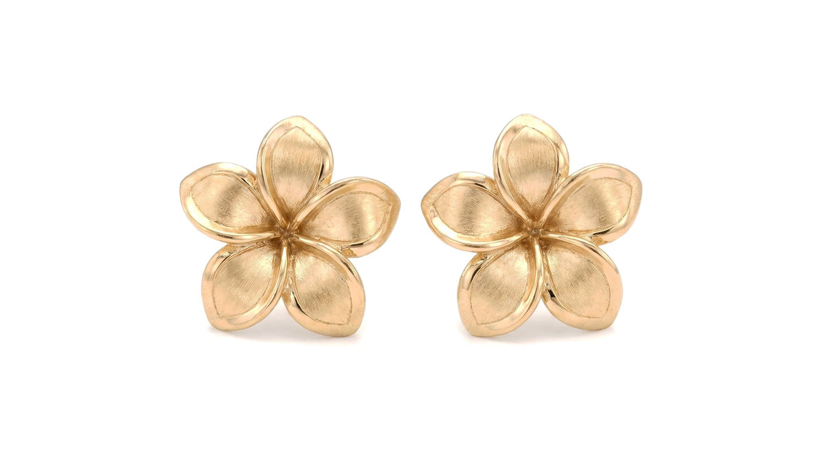Brushed Yellow Gold Plumeria Flower Stud Earrings