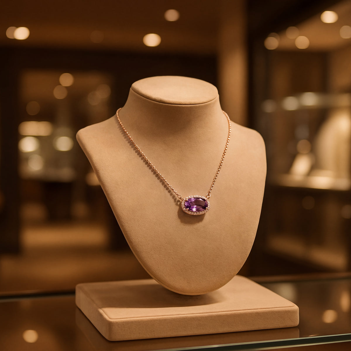 Rose gold necklace with an elongated east-west amethyst in a diamond halo on a beaded chain