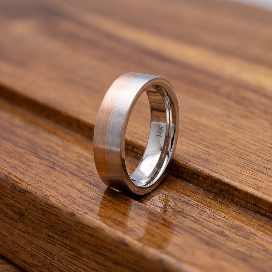 Flat two-tone wedding band in 14K white and rose gold with a brushed finish