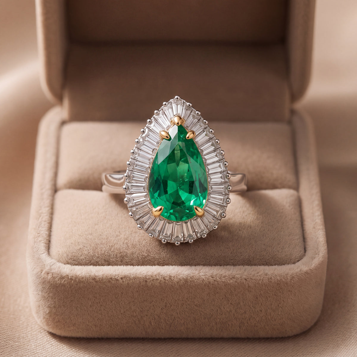 Pear-shaped green emerald in yellow gold prongs inside a ballerina halo of baguette diamonds on a white gold band